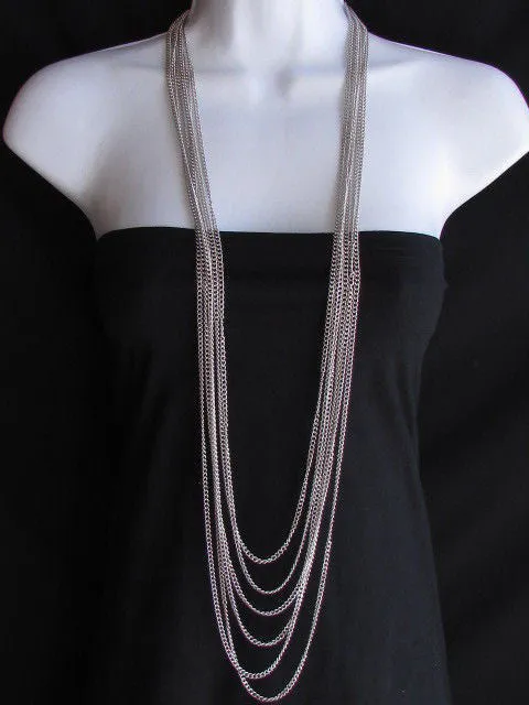 Multi Strand Thin Link Chain Elegant Long Necklace   Earrings Set