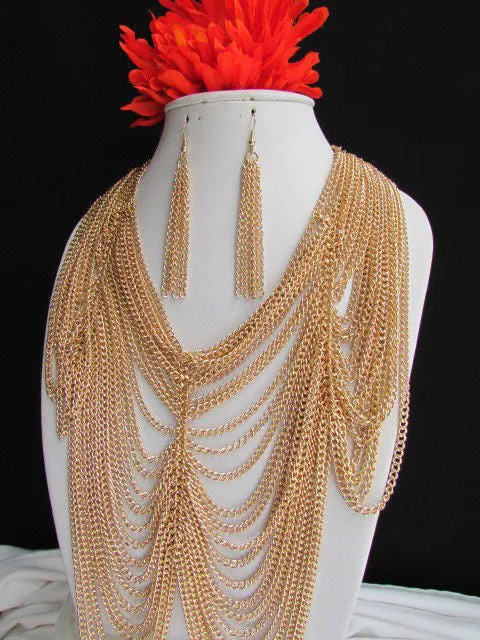 Multi Strand Thin Link Chain Elegant Long Necklace   Earrings Set
