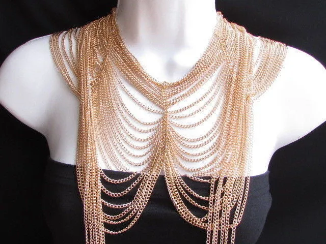 Multi Strand Thin Link Chain Elegant Long Necklace   Earrings Set