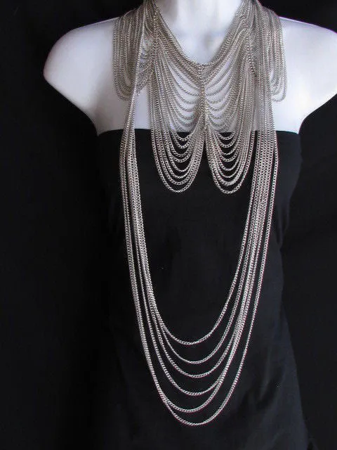 Multi Strand Thin Link Chain Elegant Long Necklace   Earrings Set