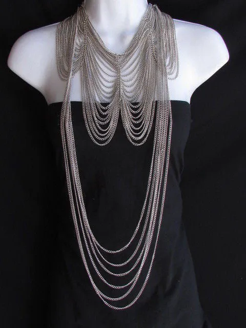 Multi Strand Thin Link Chain Elegant Long Necklace   Earrings Set