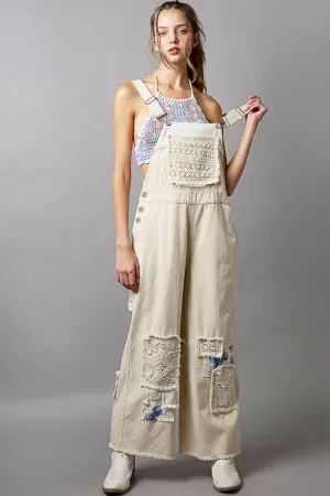 Natural Crochet patchwork detail casual denim POL overalls