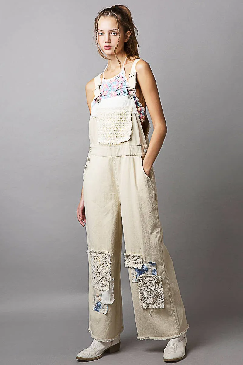 Natural Crochet patchwork detail casual denim POL overalls