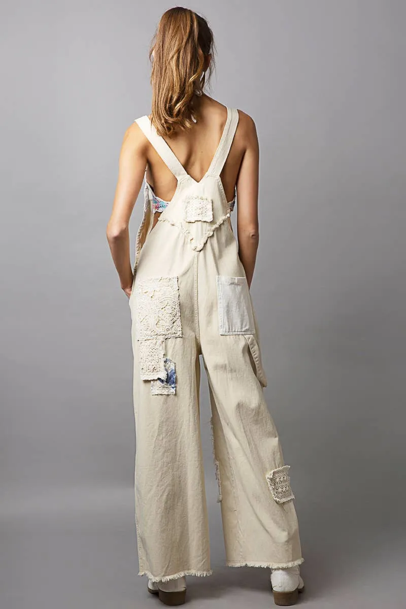 Natural Crochet patchwork detail casual denim POL overalls