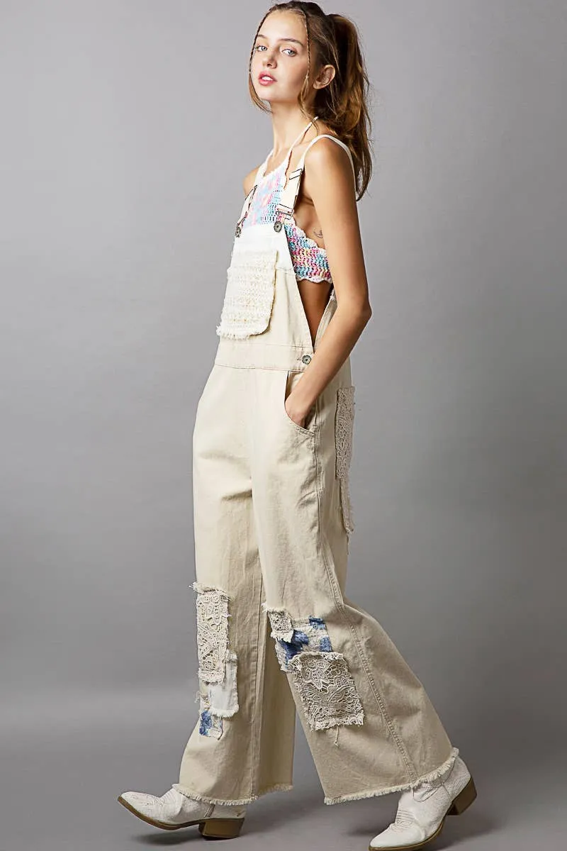 Natural Crochet patchwork detail casual denim POL overalls