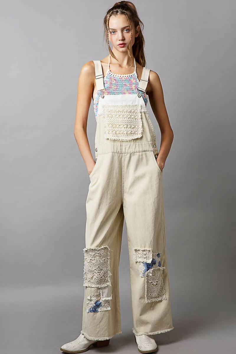 Natural Crochet patchwork detail casual denim POL overalls
