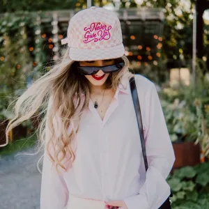 NEVER GIVE UP. PINK CHECKERED HAT
