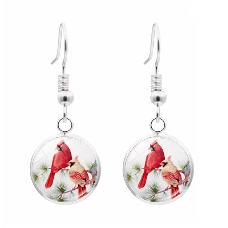Northern Cardinal Bird Jewelry Northern Cardinal Bird Glass Necklace Stud Earring Bracelet Bangle Set Totally 4Pcs Fashion Set
