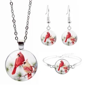 Northern Cardinal Bird Jewelry Northern Cardinal Bird Glass Necklace Stud Earring Bracelet Bangle Set Totally 4Pcs Fashion Set