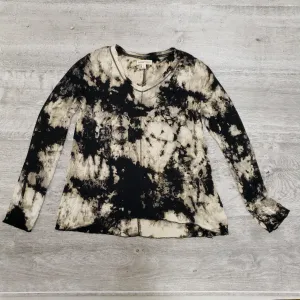 Paper Flower Trendy Tween Fashion Tie Dye V-Neck Long Sleeve Top - Egret Black