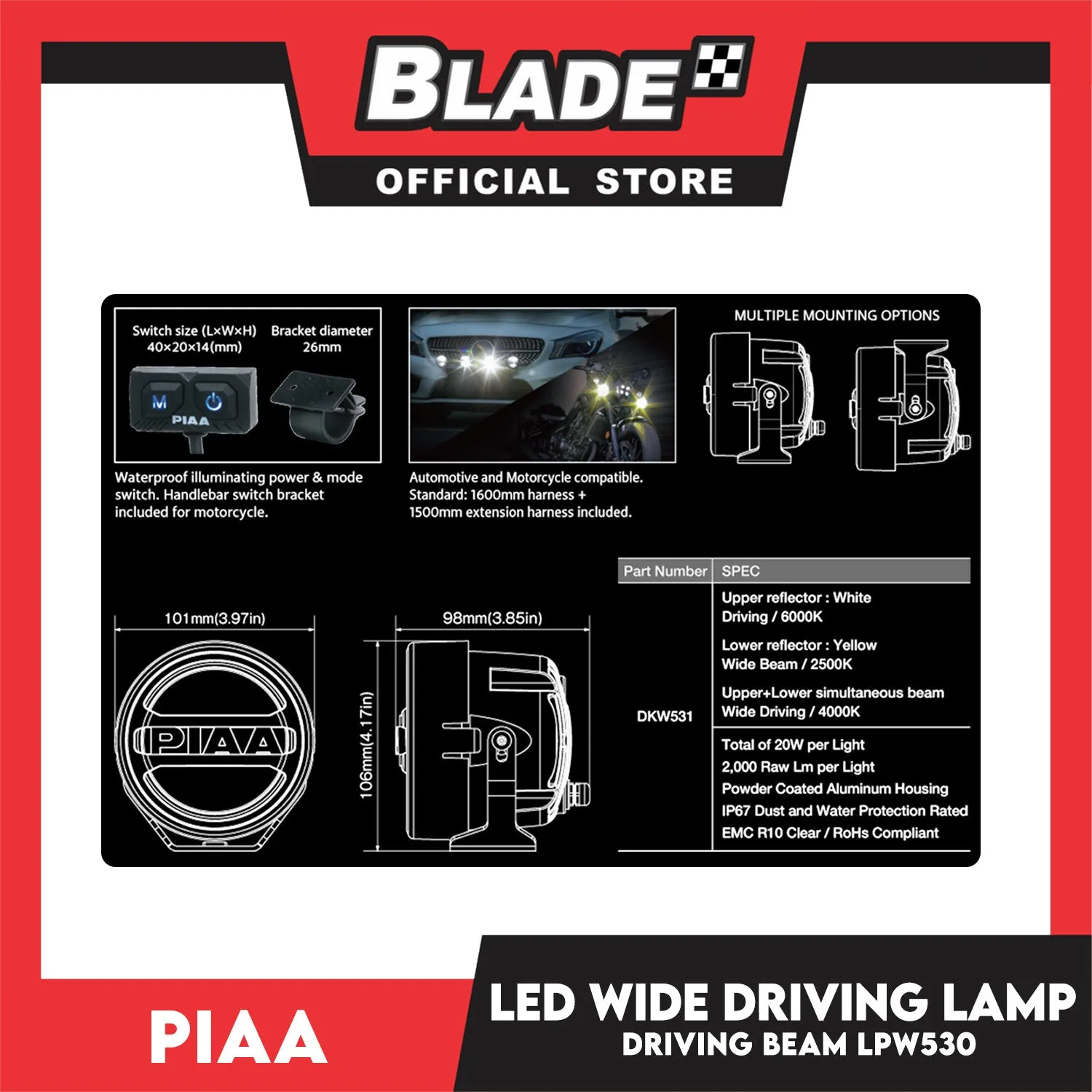 PIAA LPW530 LED Wide Driving Sports Lamp Kit (White/Yellow Beam)