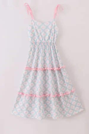 Pink Bow Print  Ruffle Mom Dress