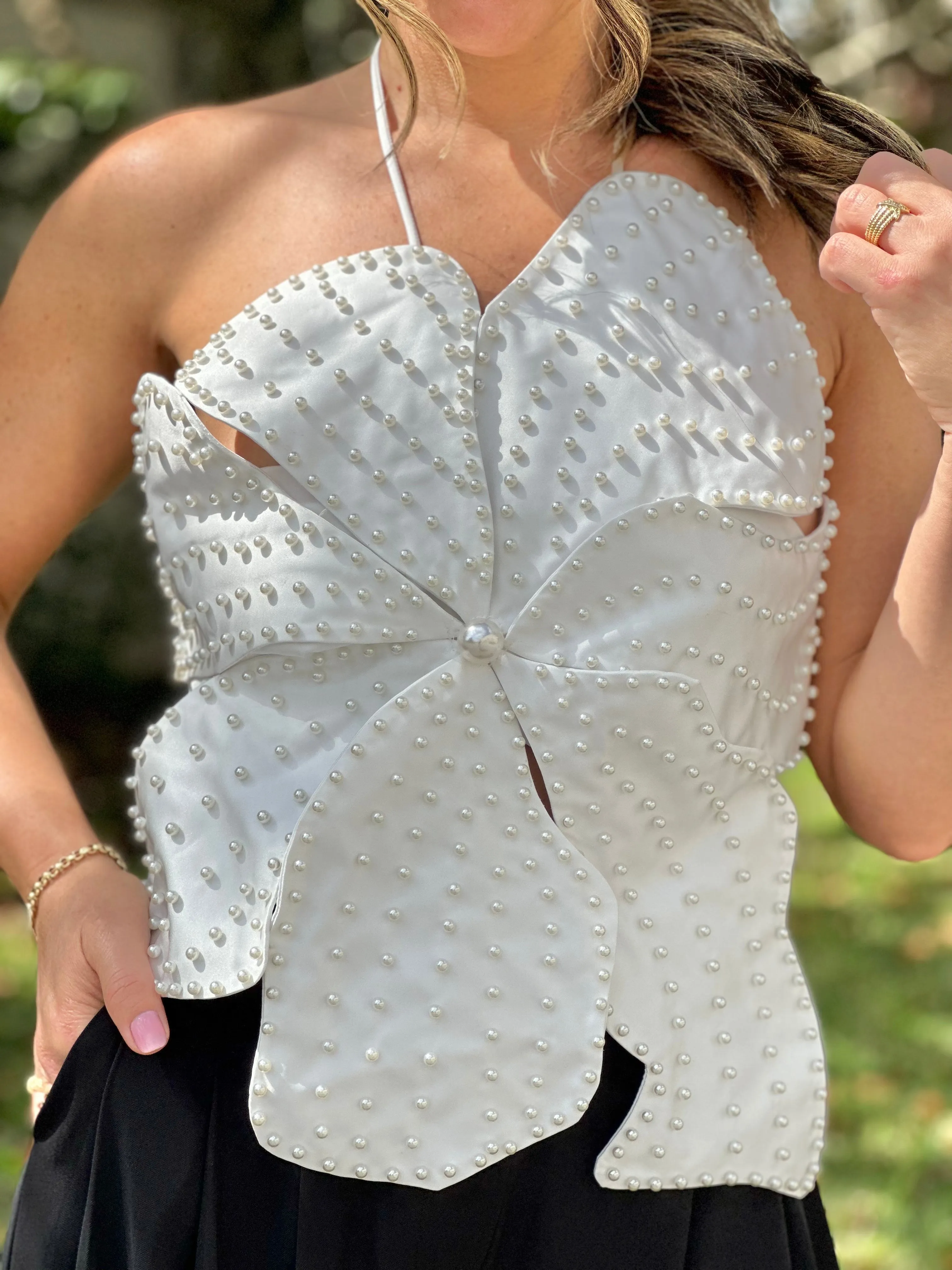 "Juliet" Flower-shaped top with pearl embellished details