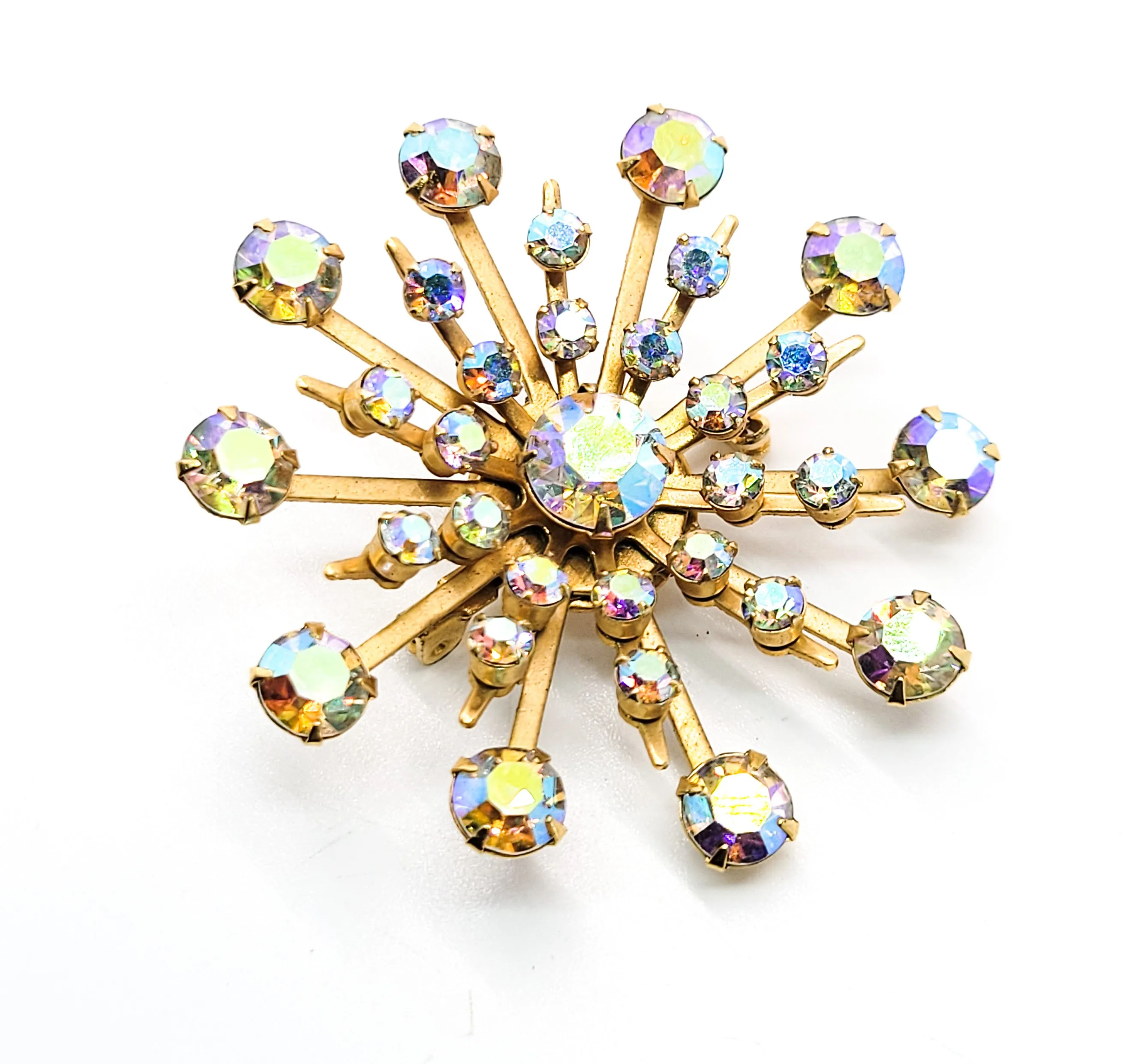 Rainbow Aurora Borealis AB MCM atomic starburst vintage rhinestone brooch