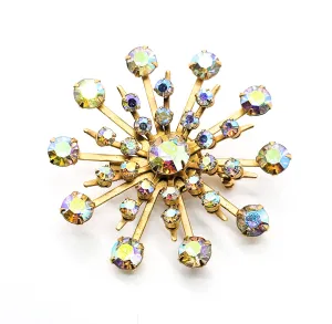 Rainbow Aurora Borealis AB MCM atomic starburst vintage rhinestone brooch