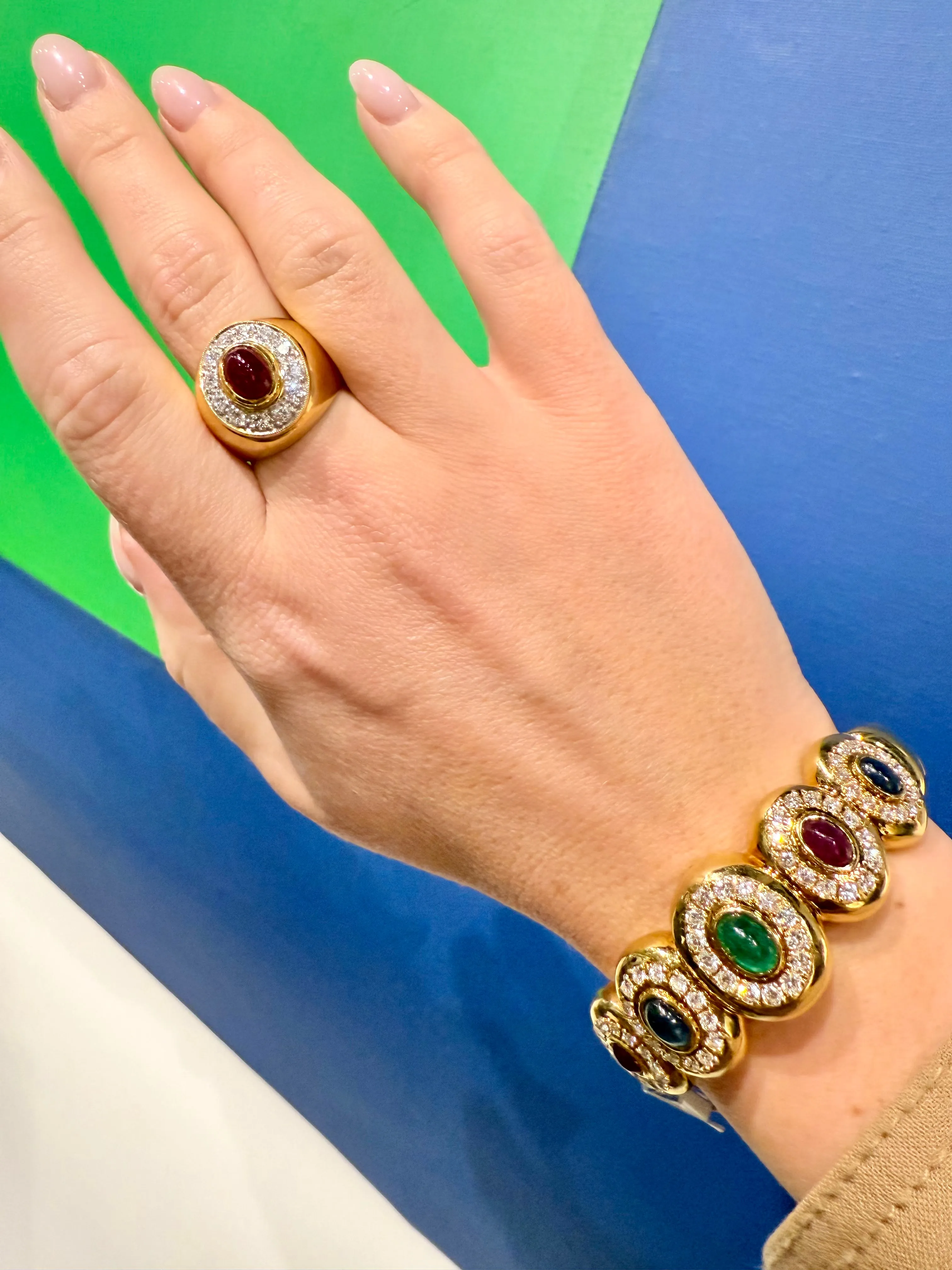 Retro Cabochon Emerald, Blue Sapphire, Ruby & Diamond Bracelet, 18k