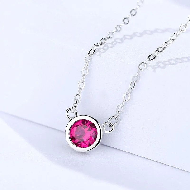 Romantic 925 Sterling Silver Necklace for Women with Rose Red Cubic Zircon Pendant, Trendy Jewelry for Girls