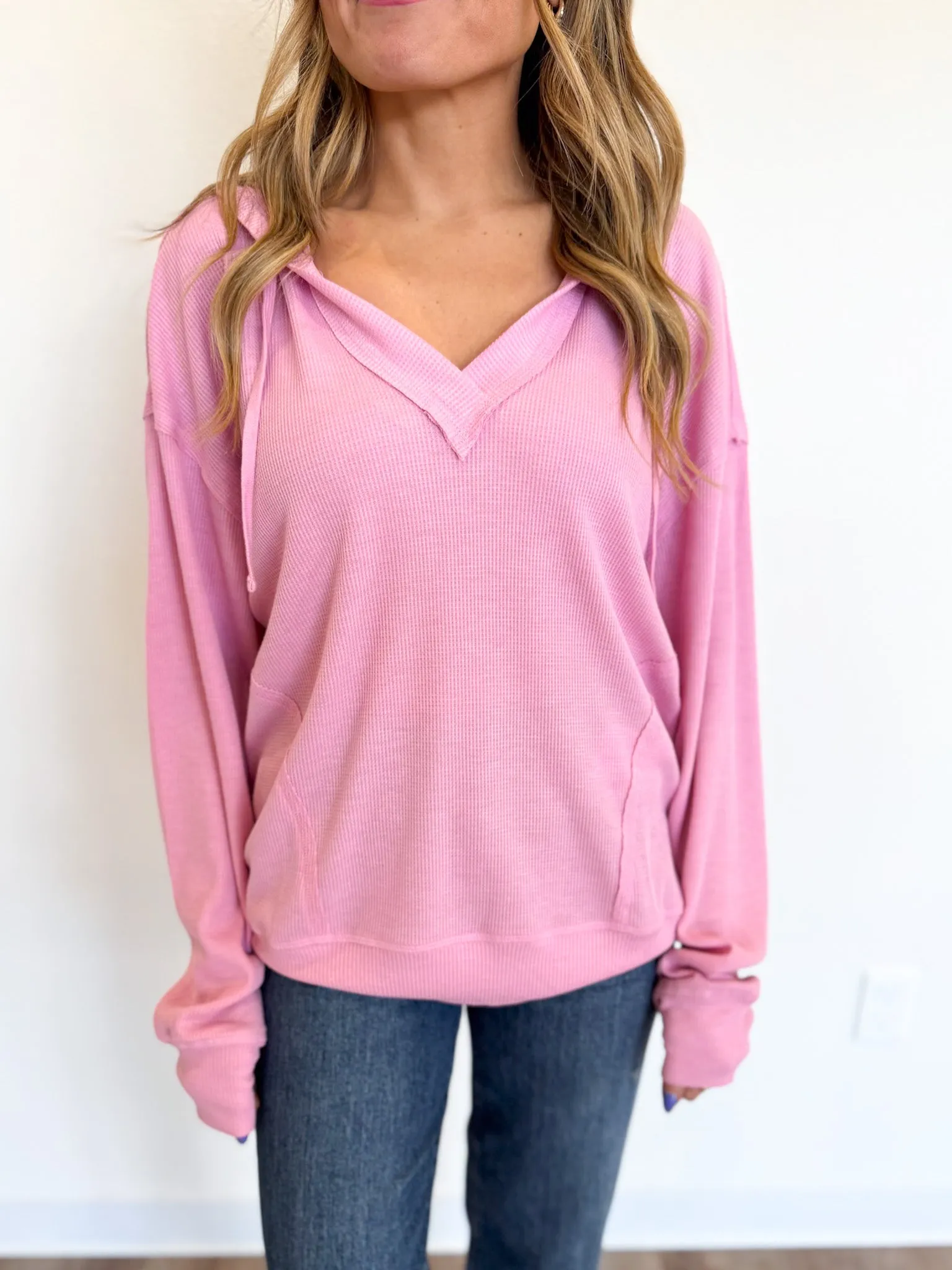 Sascha Relaxed Fit Ribbed Hoodie in Rose Pink