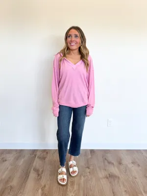 Sascha Relaxed Fit Ribbed Hoodie in Rose Pink