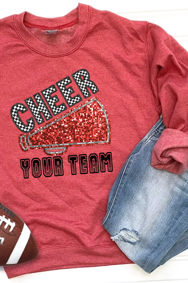 Sequin Red Cheer Your Team Heavy-weight Crew Sweatshirt