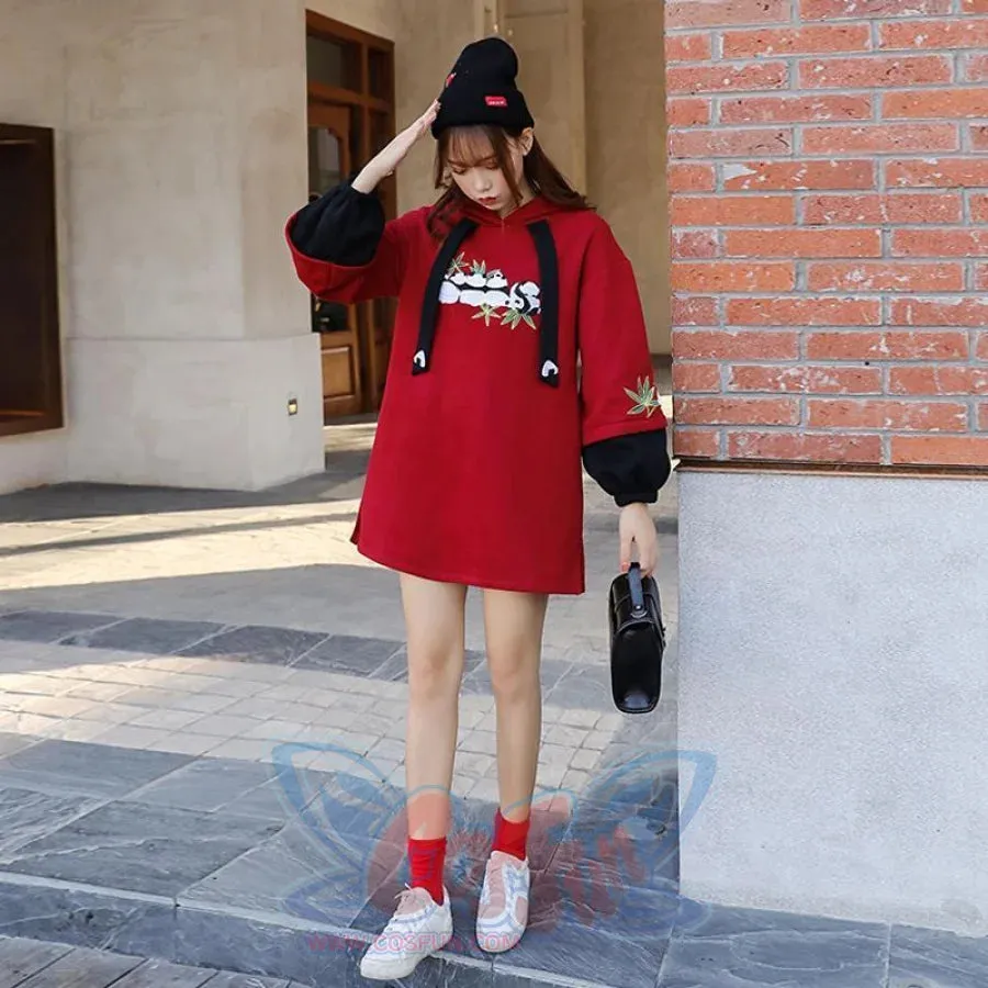 Side Slit Panda Embroidery Hooded Straight Dress