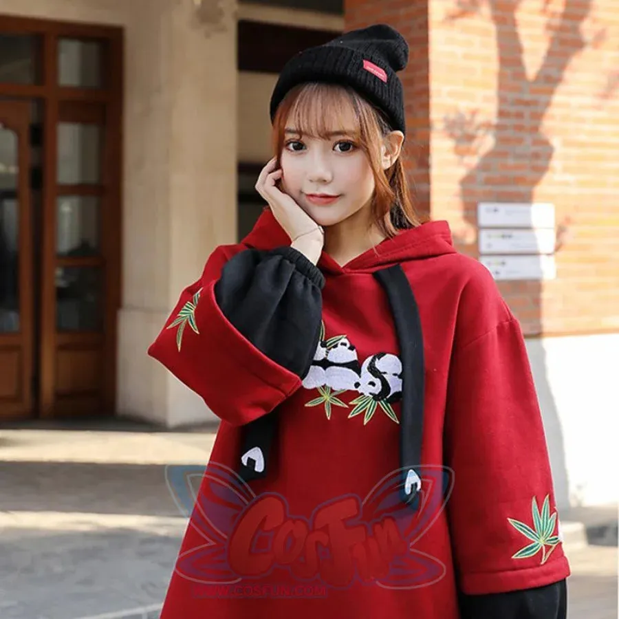 Side Slit Panda Embroidery Hooded Straight Dress