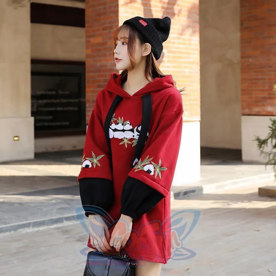 Side Slit Panda Embroidery Hooded Straight Dress