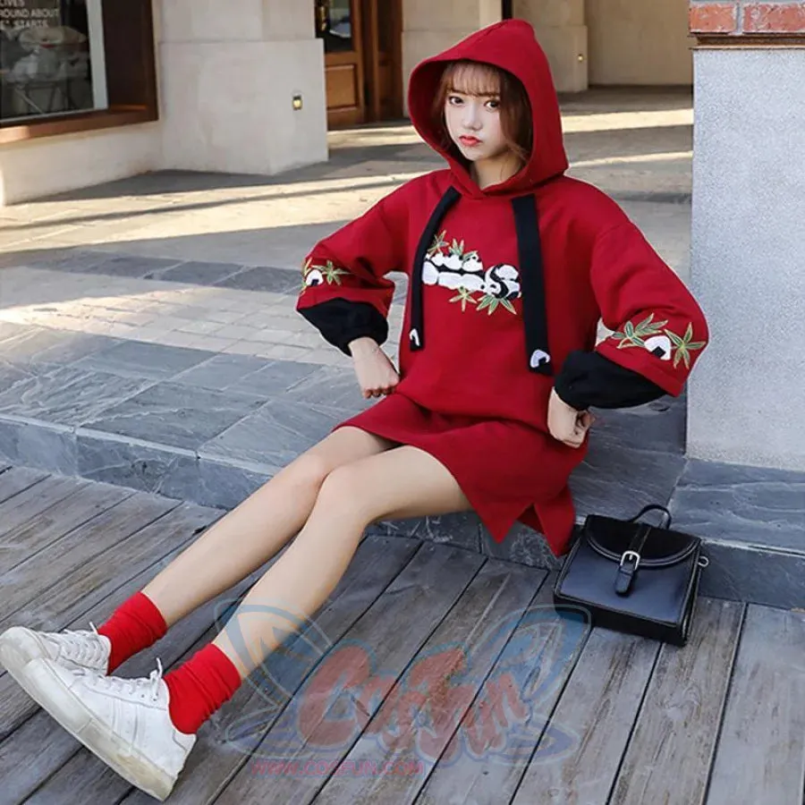 Side Slit Panda Embroidery Hooded Straight Dress