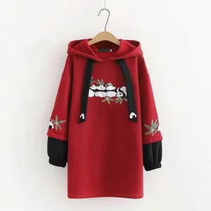 Side Slit Panda Embroidery Hooded Straight Dress