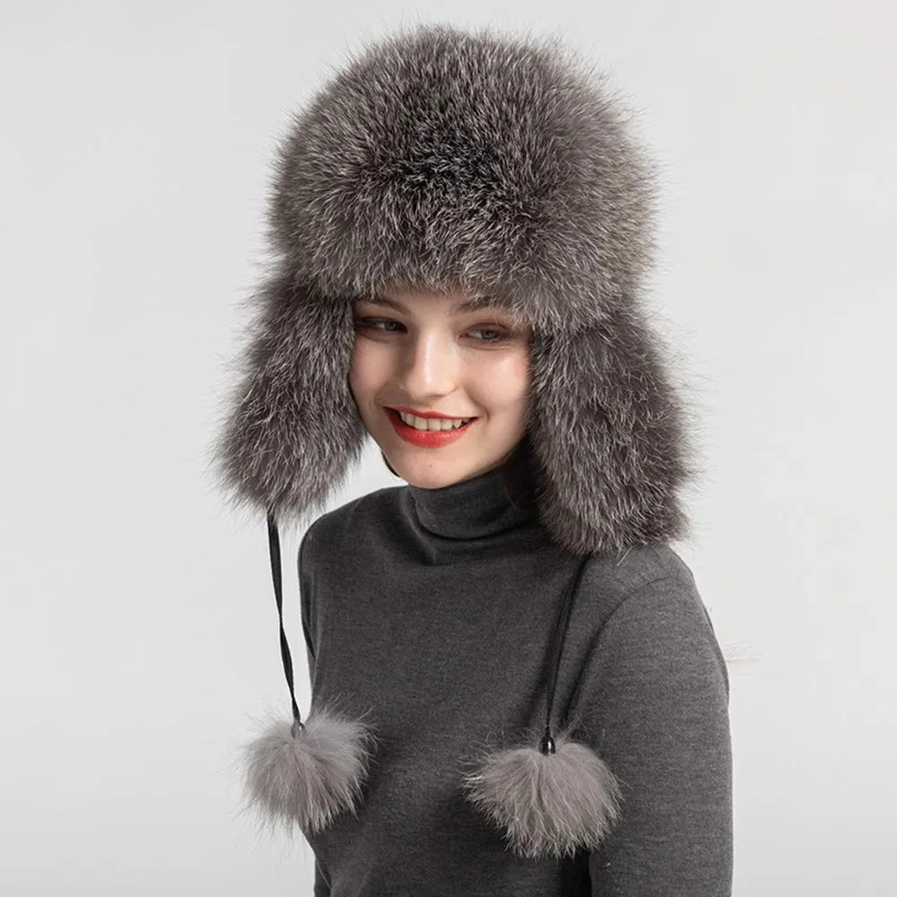 Silver Fox Fur Bomber Hat Skiing Caps Ushanka Trapper Beanie Earflap