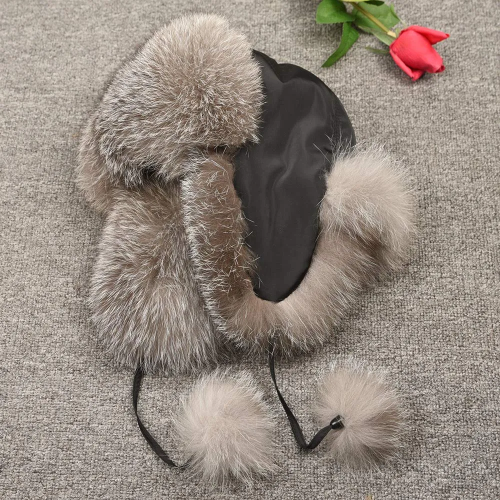 Silver Fox Fur Bomber Hat Skiing Caps Ushanka Trapper Beanie Earflap