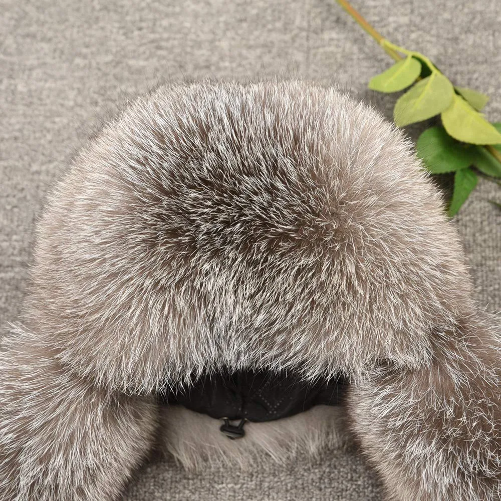 Silver Fox Fur Bomber Hat Skiing Caps Ushanka Trapper Beanie Earflap