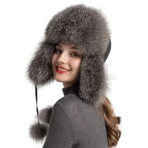 Silver Fox Fur Bomber Hat Skiing Caps Ushanka Trapper Beanie Earflap