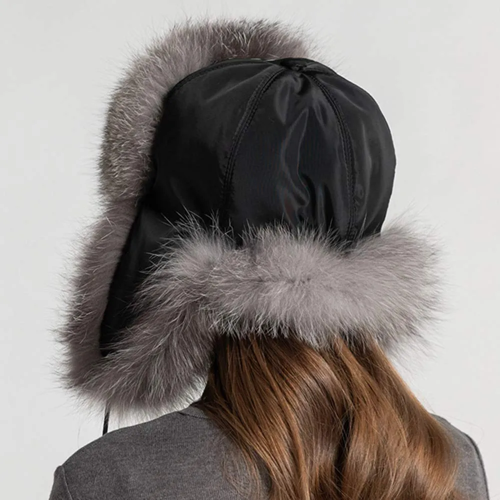 Silver Fox Fur Bomber Hat Skiing Caps Ushanka Trapper Beanie Earflap