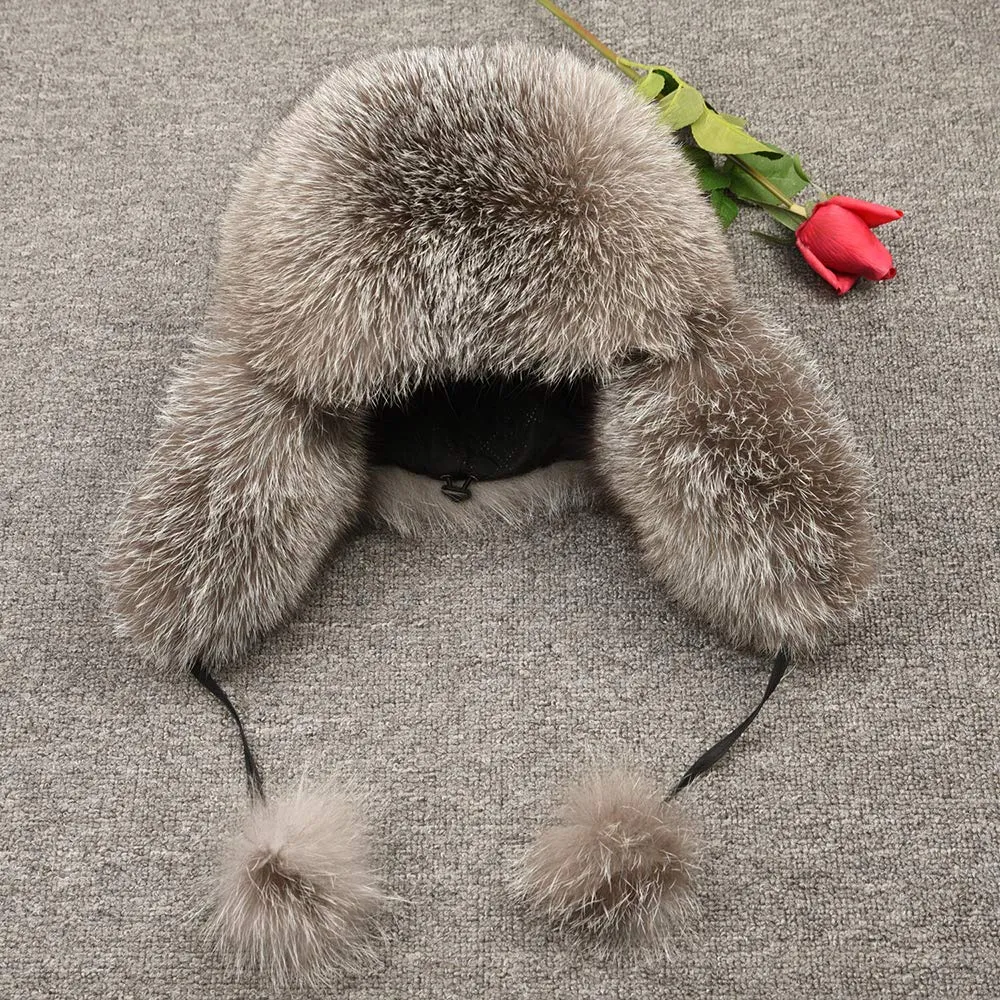 Silver Fox Fur Bomber Hat Skiing Caps Ushanka Trapper Beanie Earflap