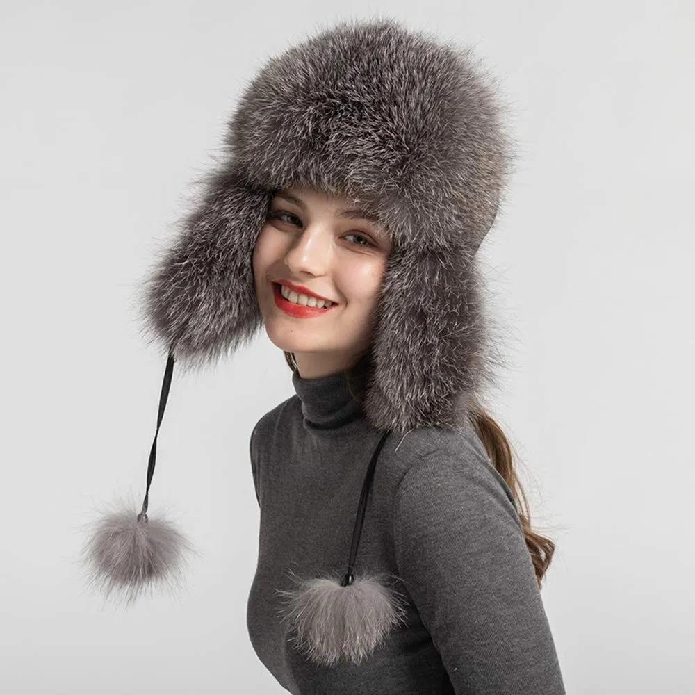 Silver Fox Fur Bomber Hat Skiing Caps Ushanka Trapper Beanie Earflap