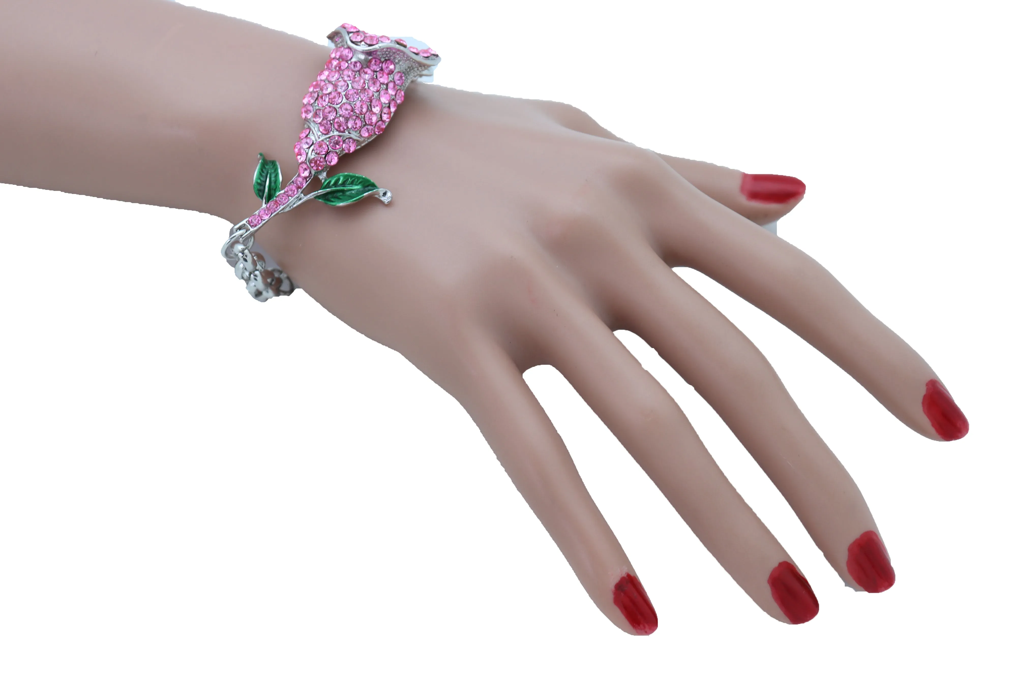 Silver Metal Chain Wrist Bracelet Pink Bling Flower Charm