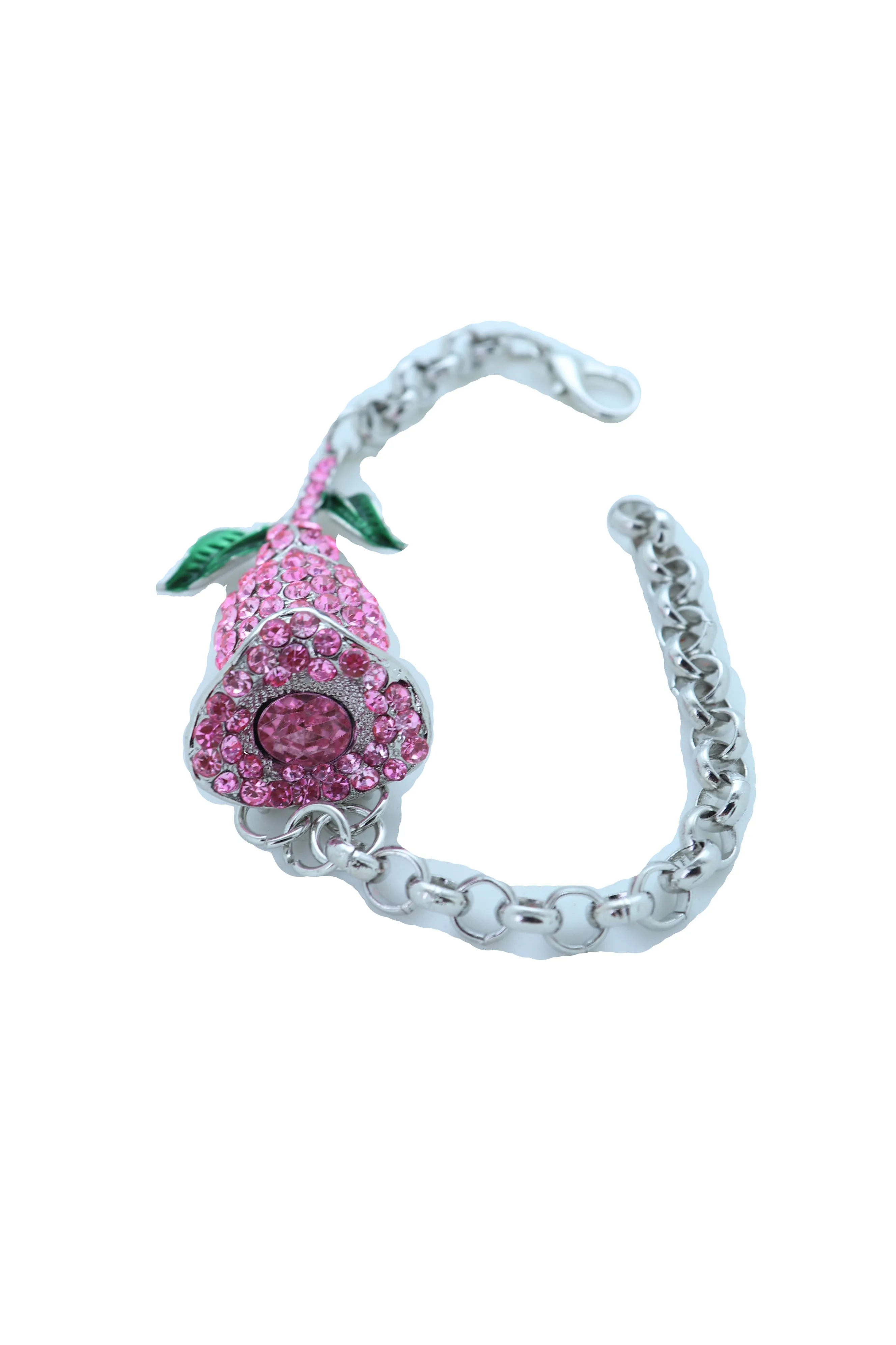 Silver Metal Chain Wrist Bracelet Pink Bling Flower Charm
