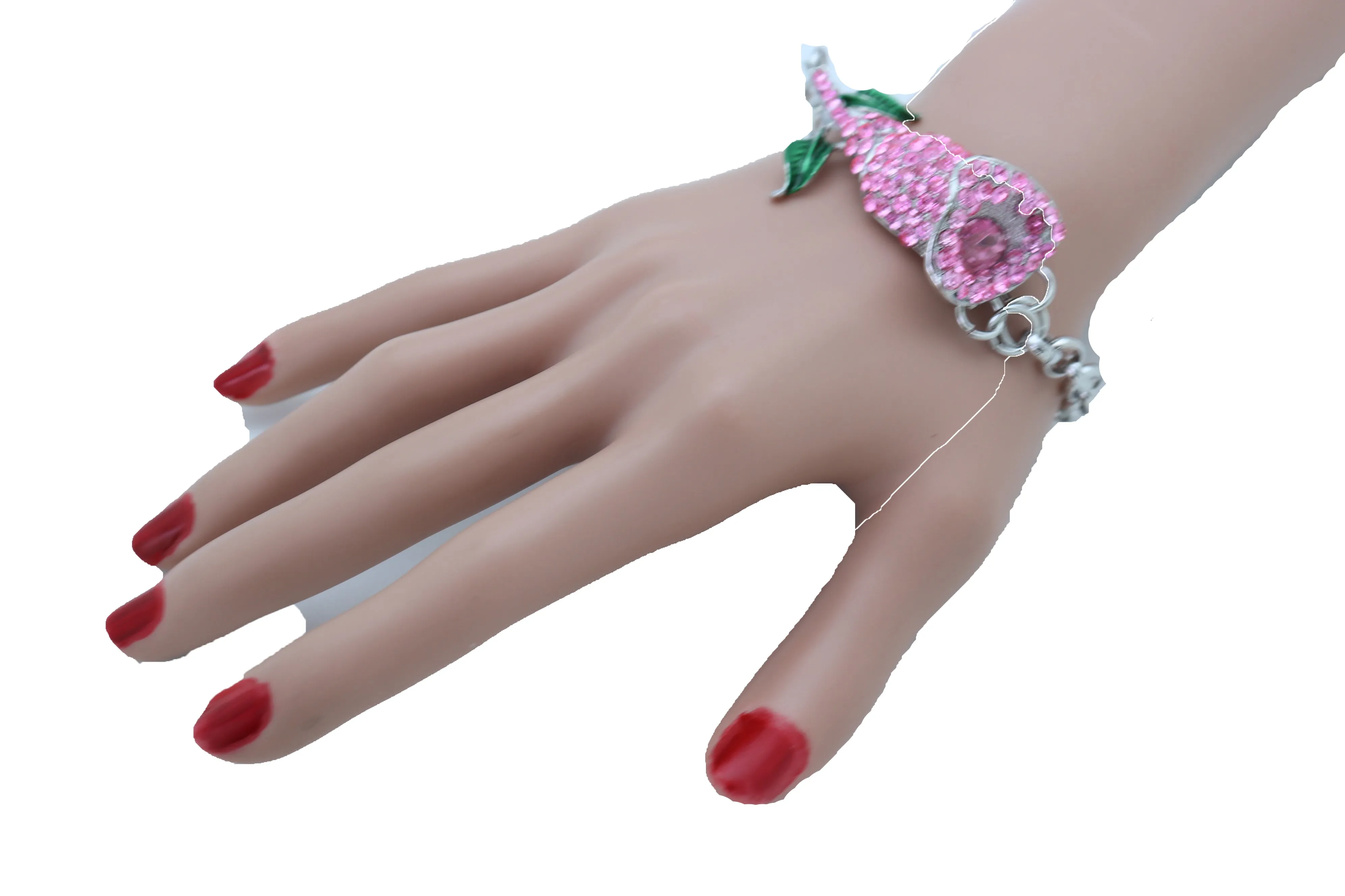 Silver Metal Chain Wrist Bracelet Pink Bling Flower Charm