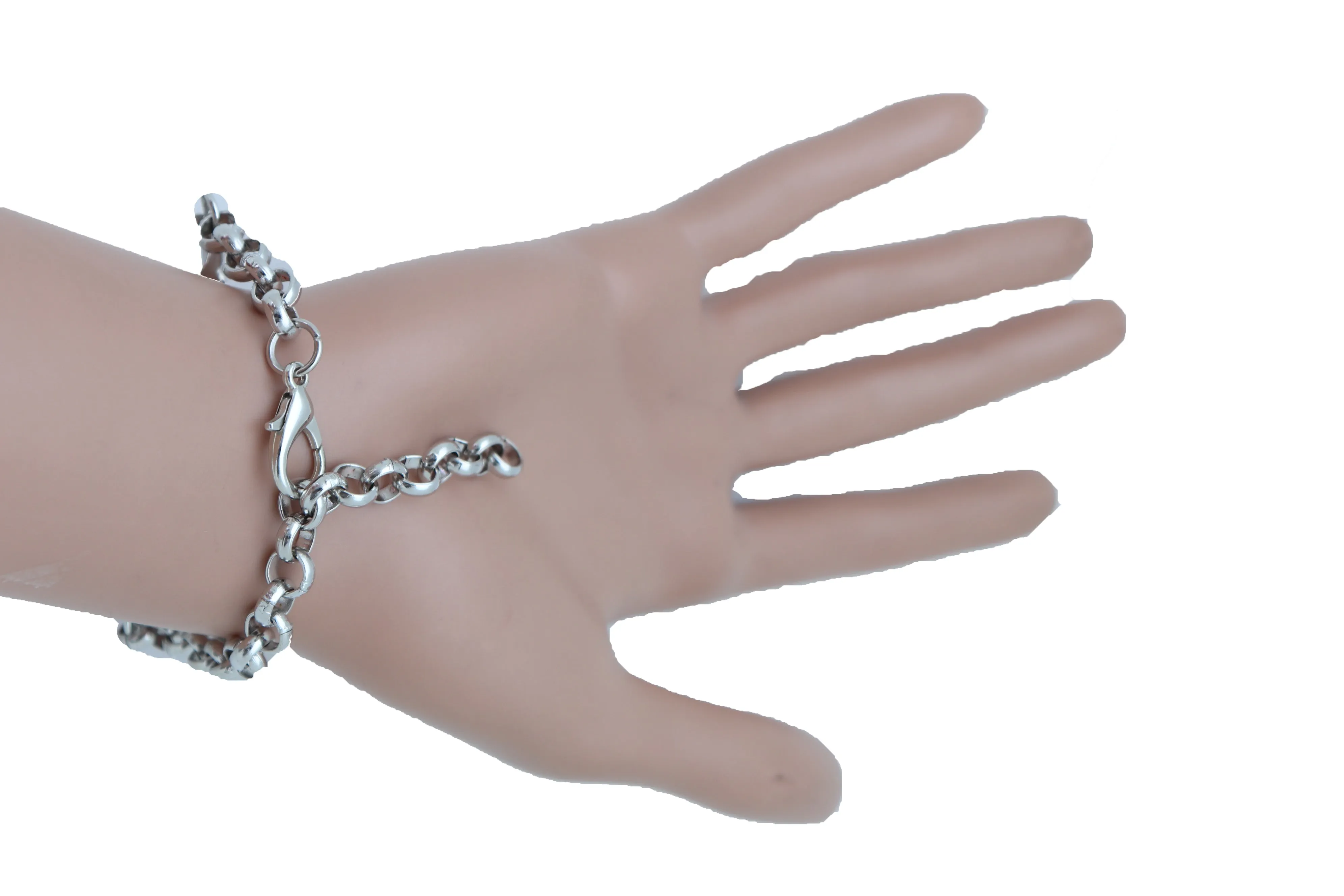 Silver Metal Chain Wrist Bracelet Pink Bling Flower Charm