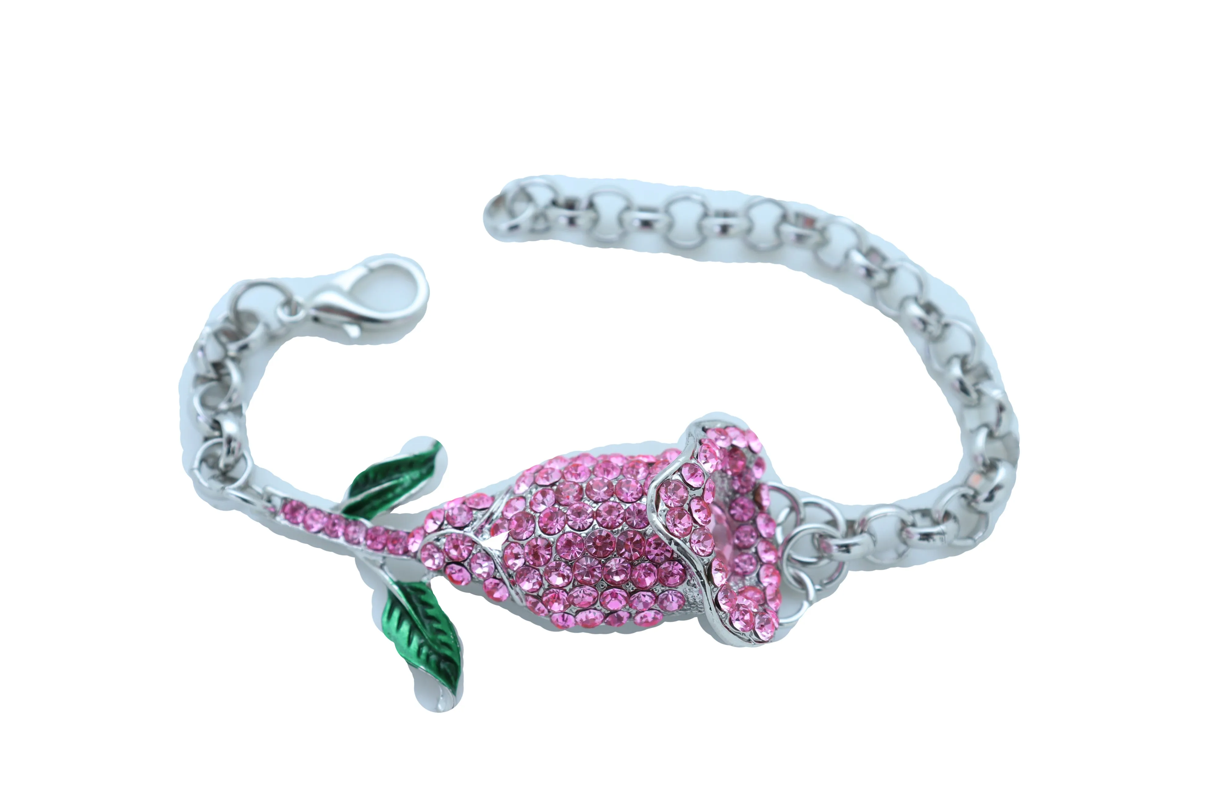 Silver Metal Chain Wrist Bracelet Pink Bling Flower Charm