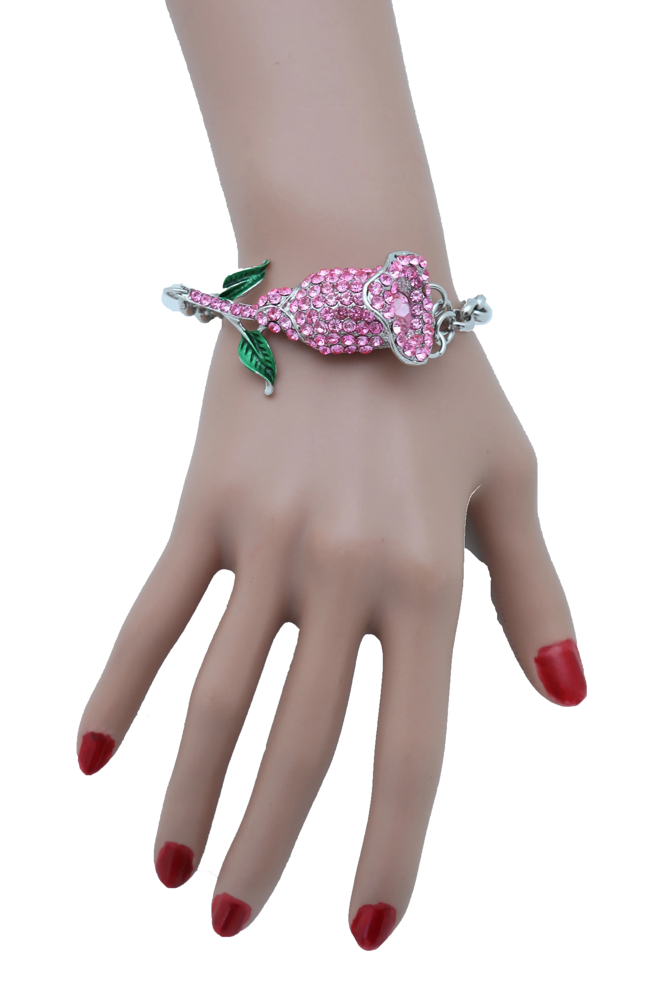 Silver Metal Chain Wrist Bracelet Pink Bling Flower Charm