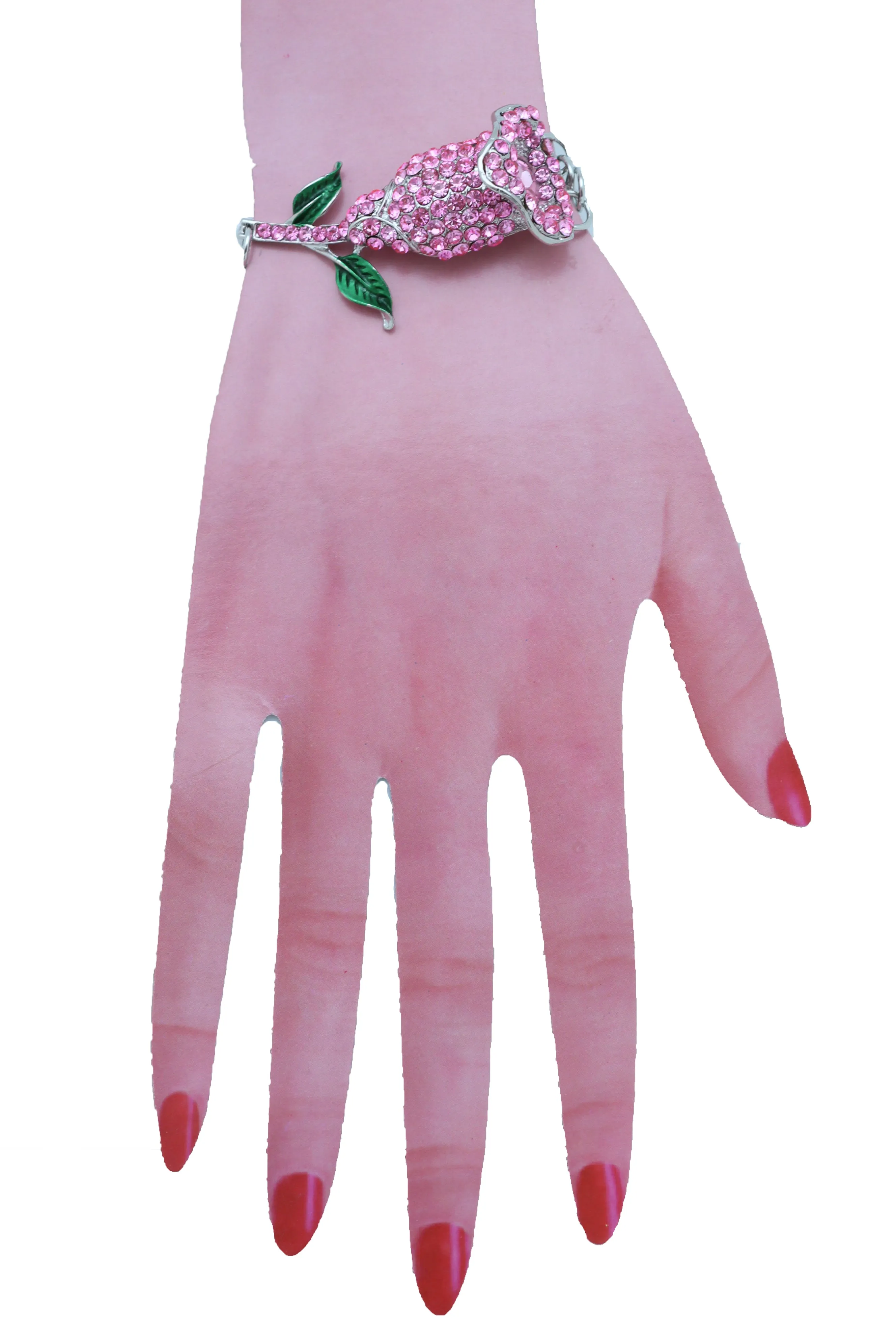 Silver Metal Chain Wrist Bracelet Pink Bling Flower Charm
