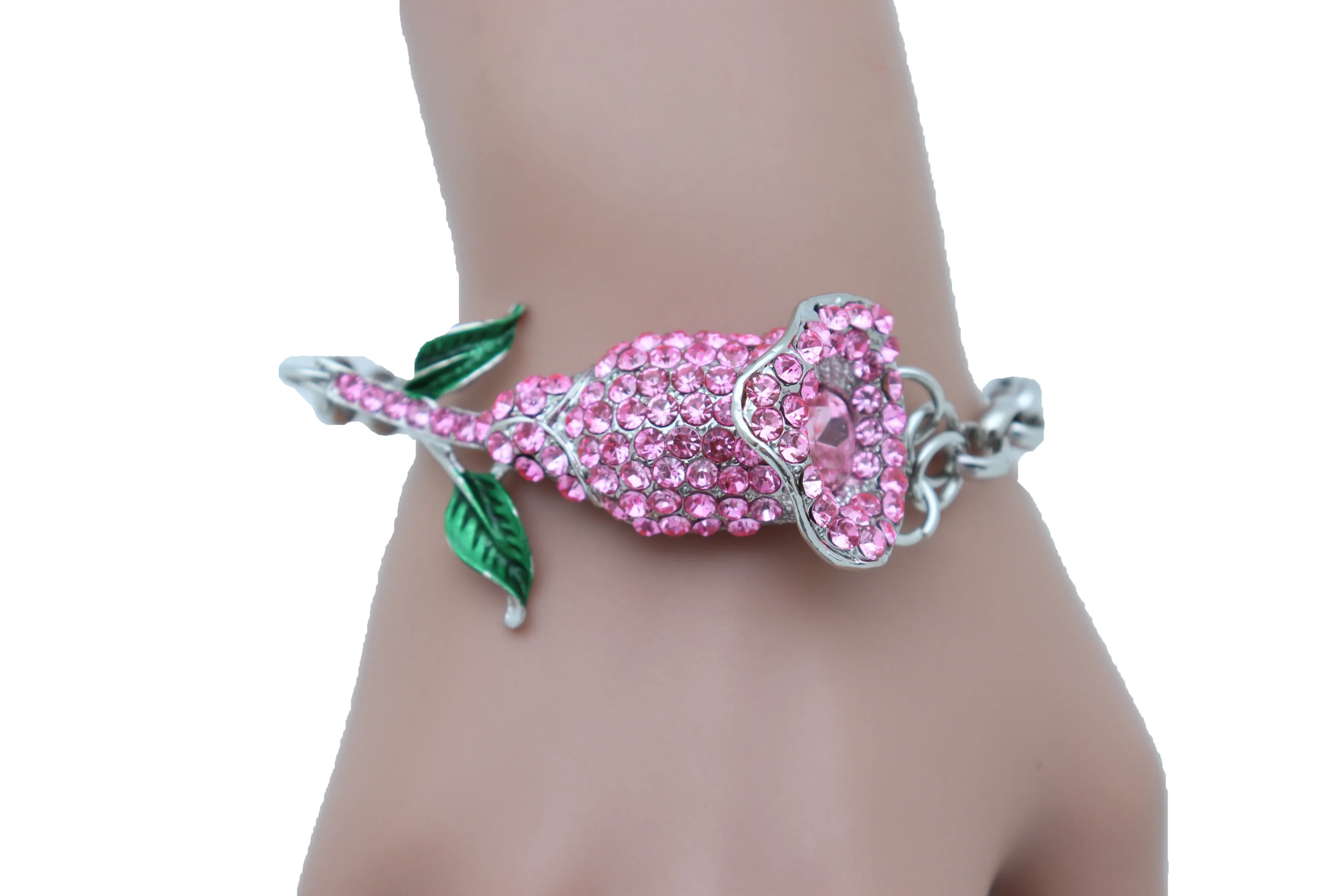 Silver Metal Chain Wrist Bracelet Pink Bling Flower Charm