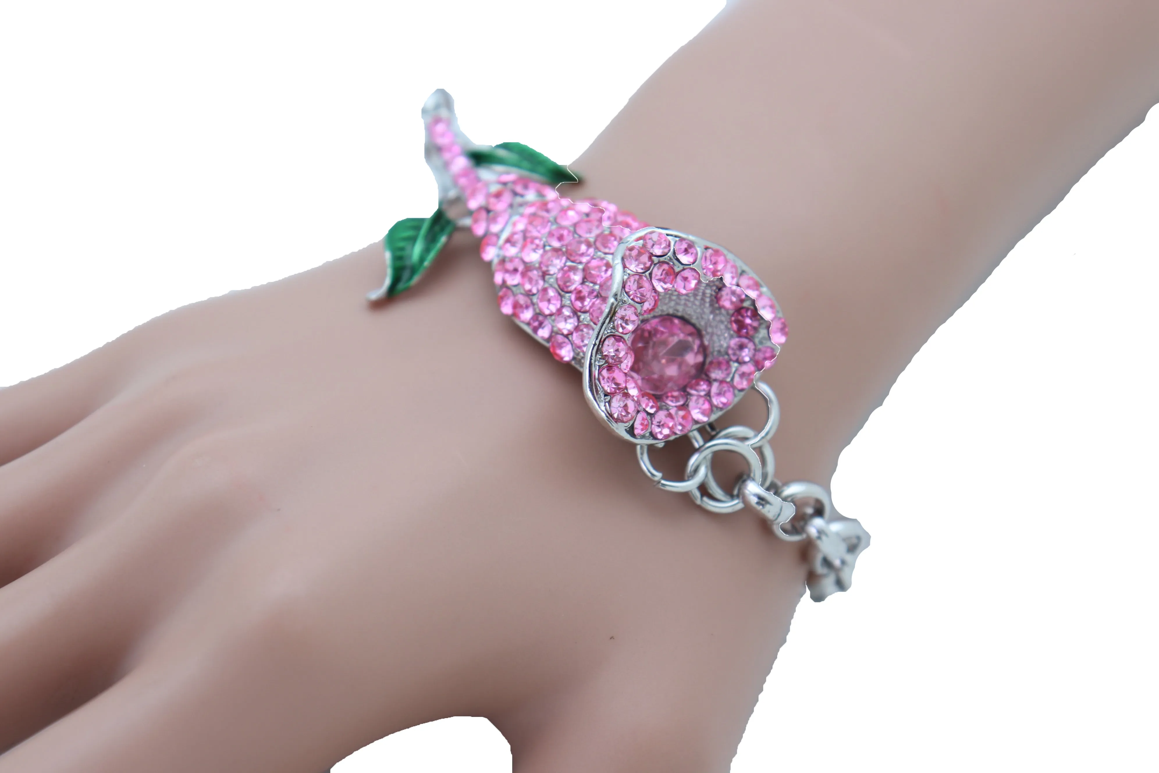 Silver Metal Chain Wrist Bracelet Pink Bling Flower Charm