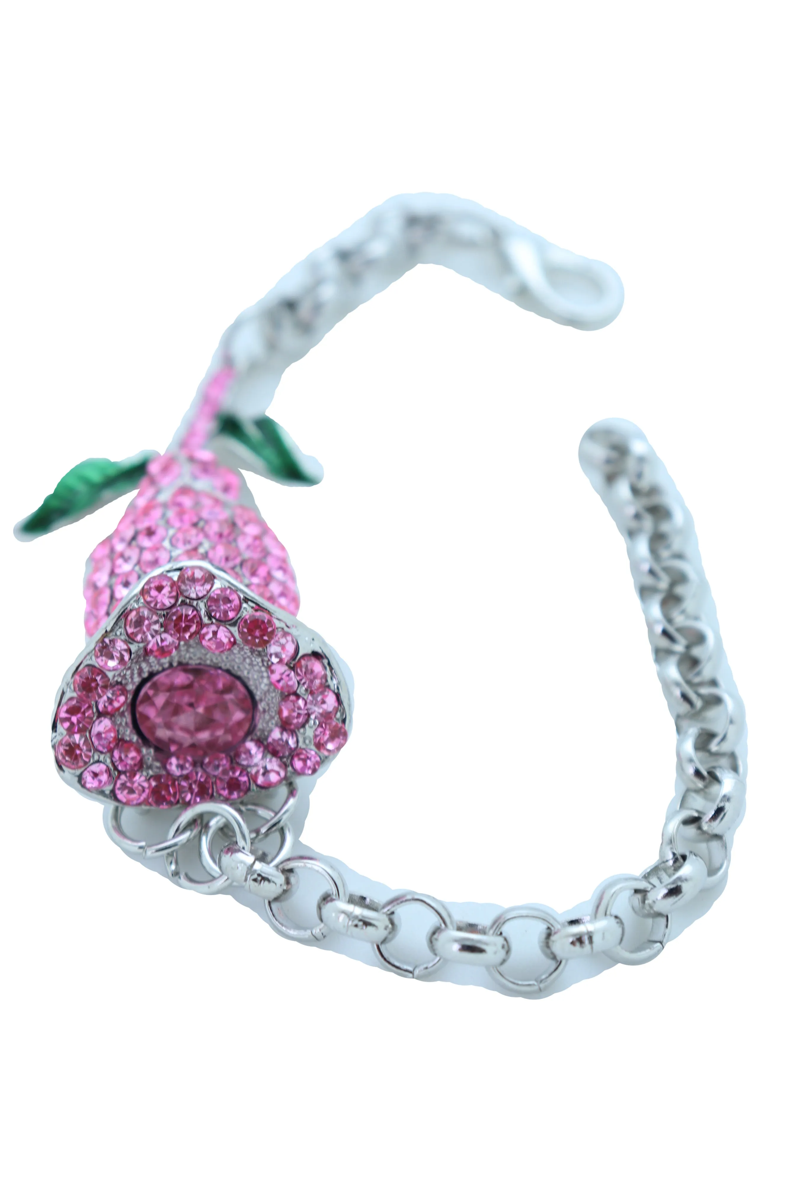 Silver Metal Chain Wrist Bracelet Pink Bling Flower Charm