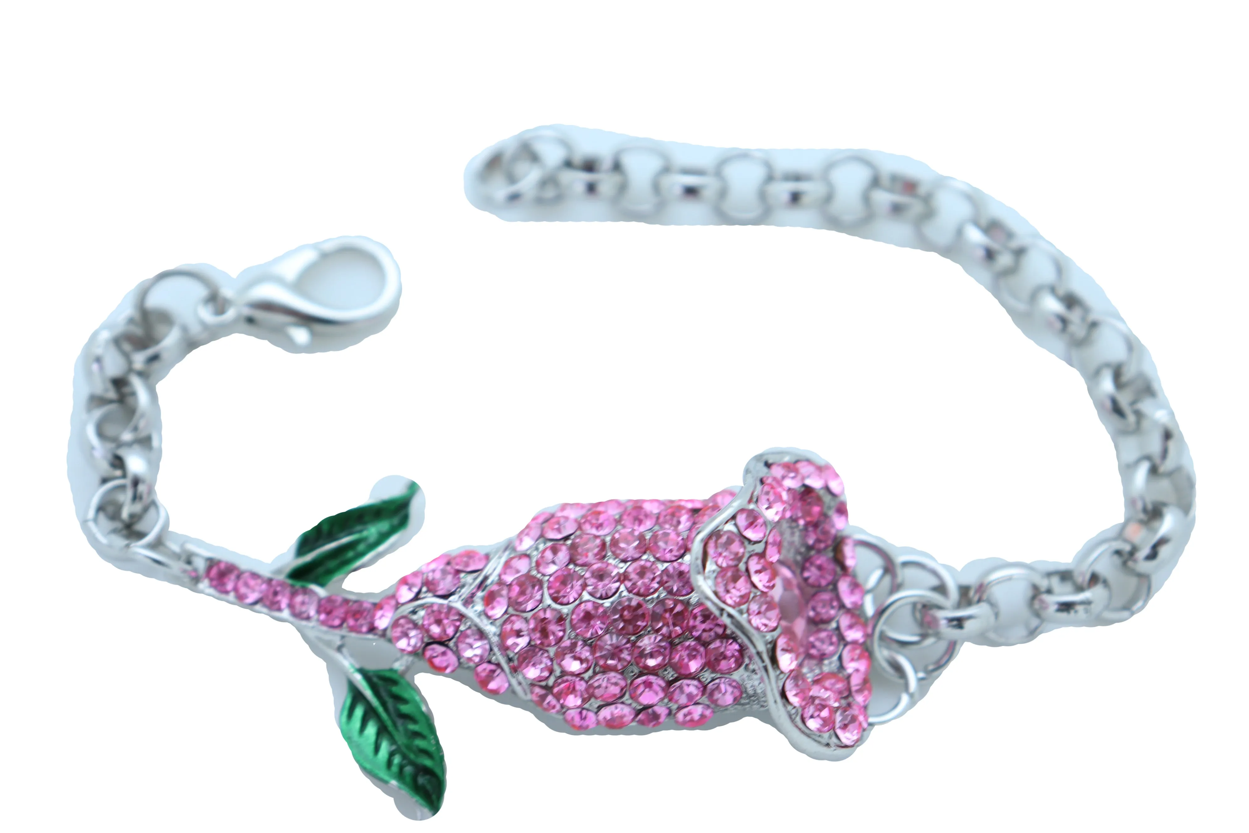 Silver Metal Chain Wrist Bracelet Pink Bling Flower Charm