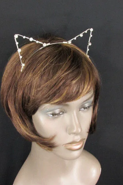Silver Metal Fashion Head Band Small Animal Big Rihnestones Cat Ears Women