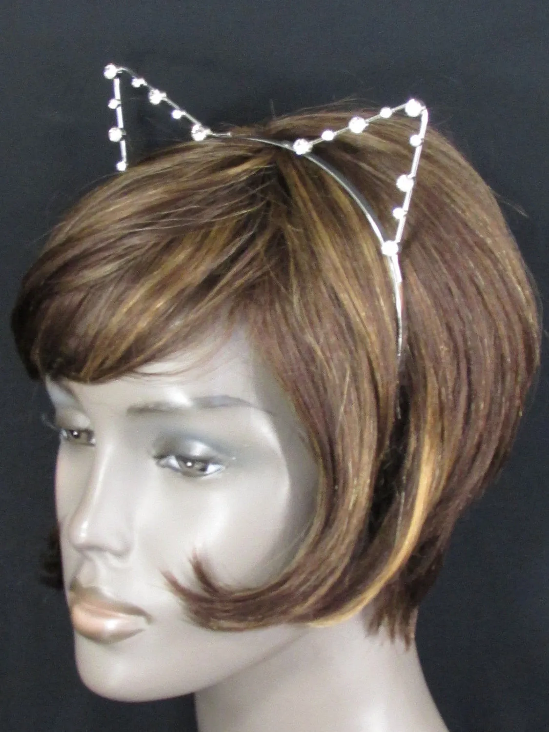 Silver Metal Fashion Head Band Small Animal Big Rihnestones Cat Ears Women