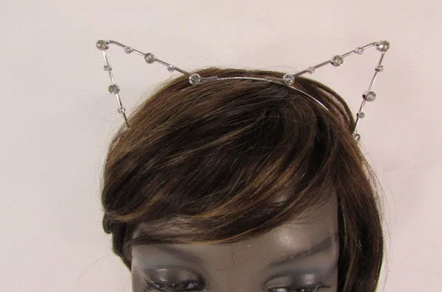 Silver Metal Fashion Head Band Small Animal Big Rihnestones Cat Ears Women